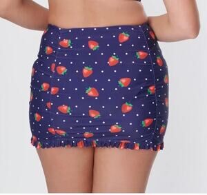 Unique Vintage Navy Strawberry Pin Dot Ruffled Swim Skirt 1X NWOT